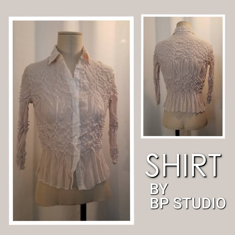 Vintage Cream Crepe Button Up Collared Shirt S